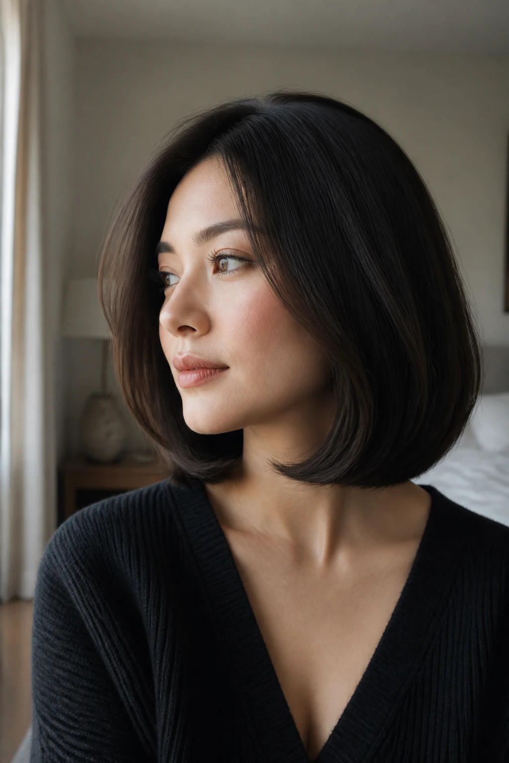 Close-up of a real woman showing an under-curved lob with ends tucked under the jaw