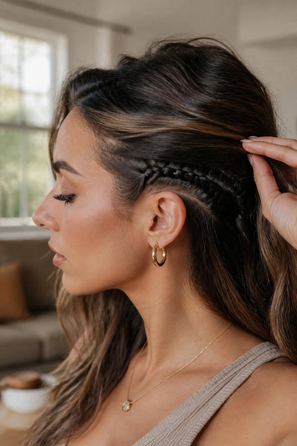 Profile of a real woman showing an underside braid hidden under the top layer