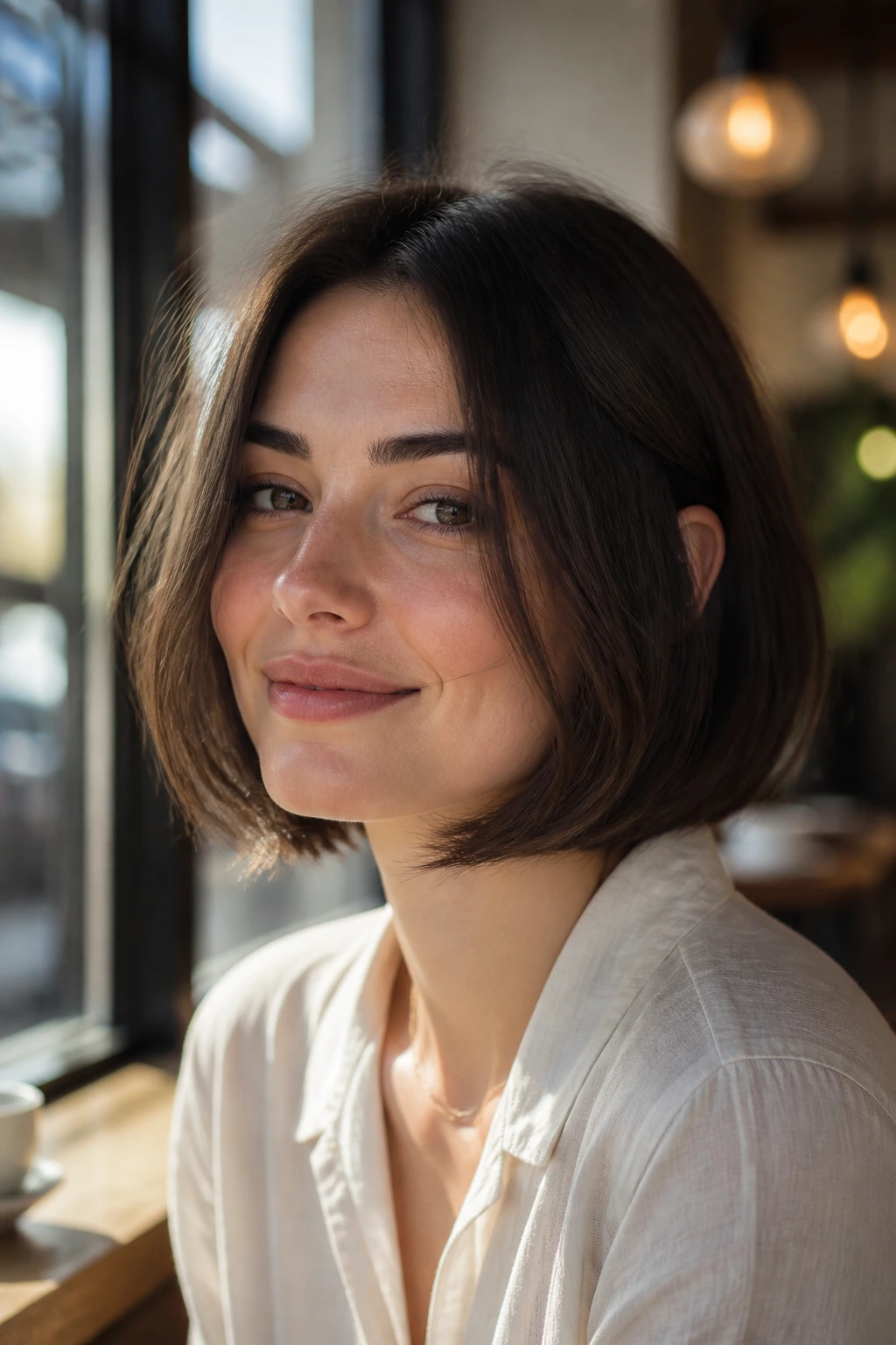 Close-up portrait of a real woman with jaw-softening undercurve boyfriend bob in natural cafe light