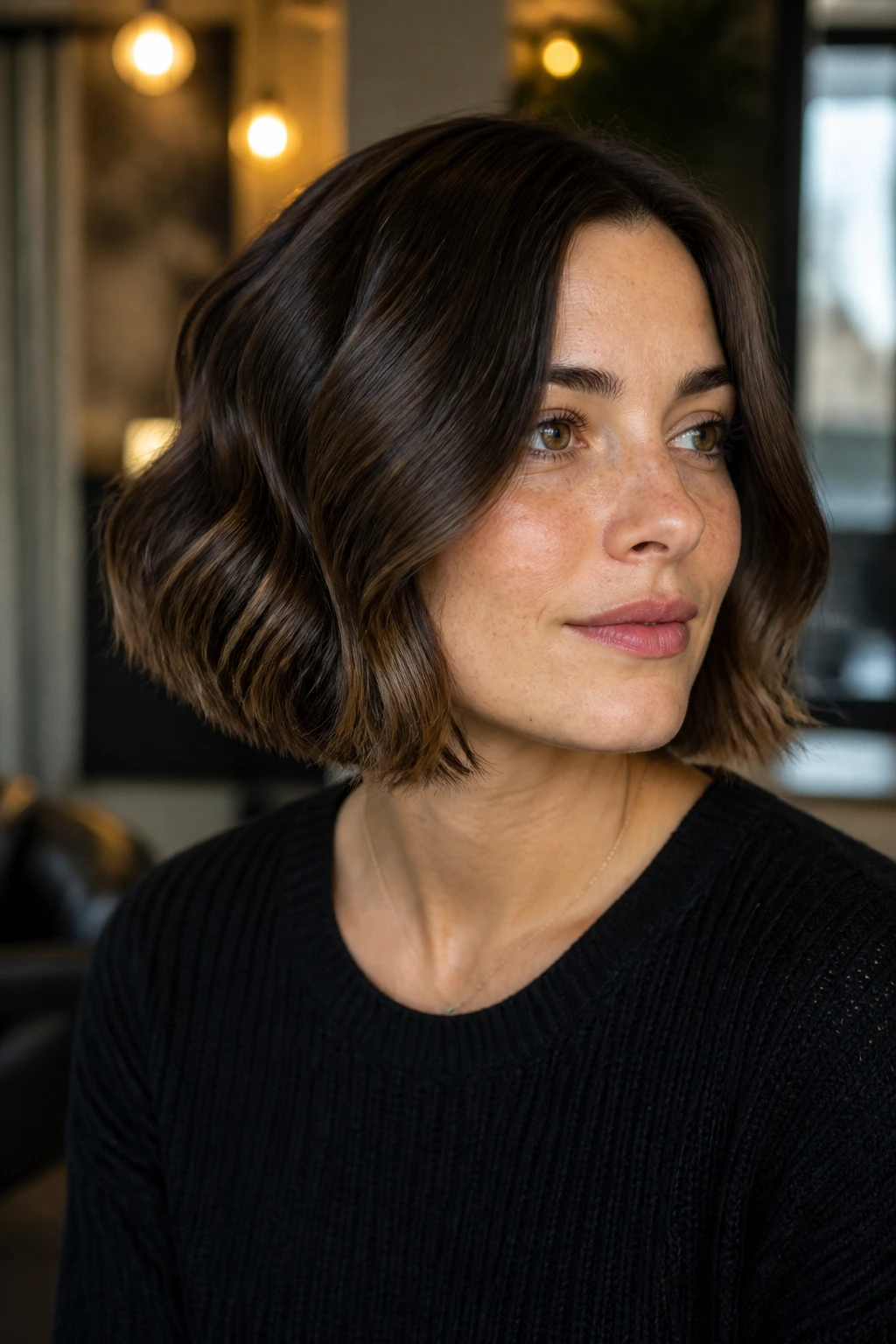 Close-up of a real woman with an inward-curving undercurve bob hugging the face under soft salon lighting.