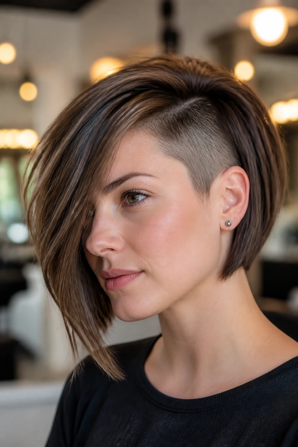 Portrait of a woman with undercut A-line bob and draped long bangs