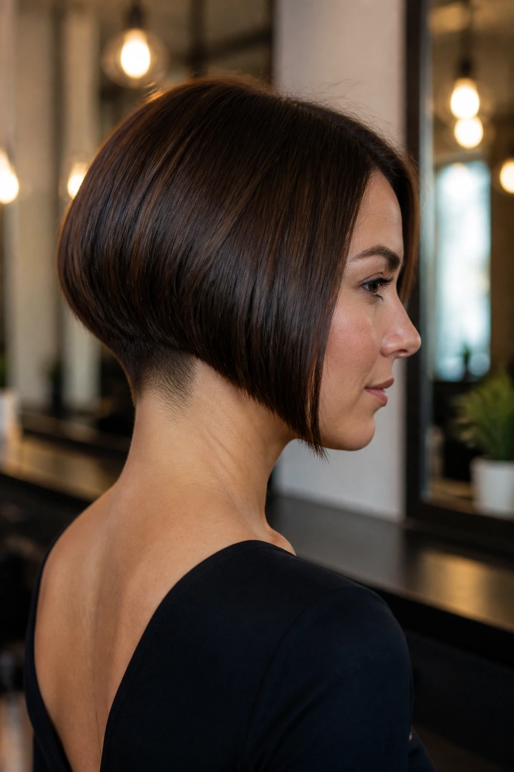 Close-up portrait of a real woman with a subtle undercut A-Line Bob, front angle visible.