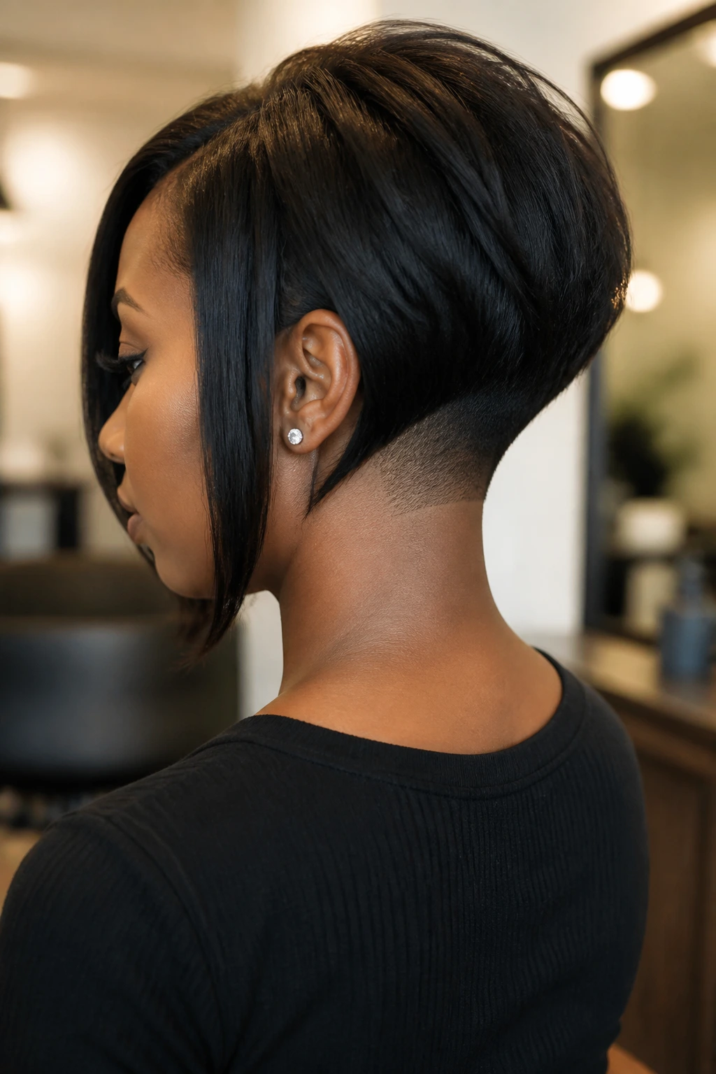 Close-up of real woman with undercut angled bob showing top length and undercut