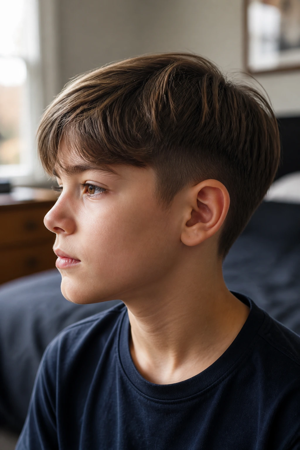 Close-up of real boy with a low-contrast undercut bob in warm light