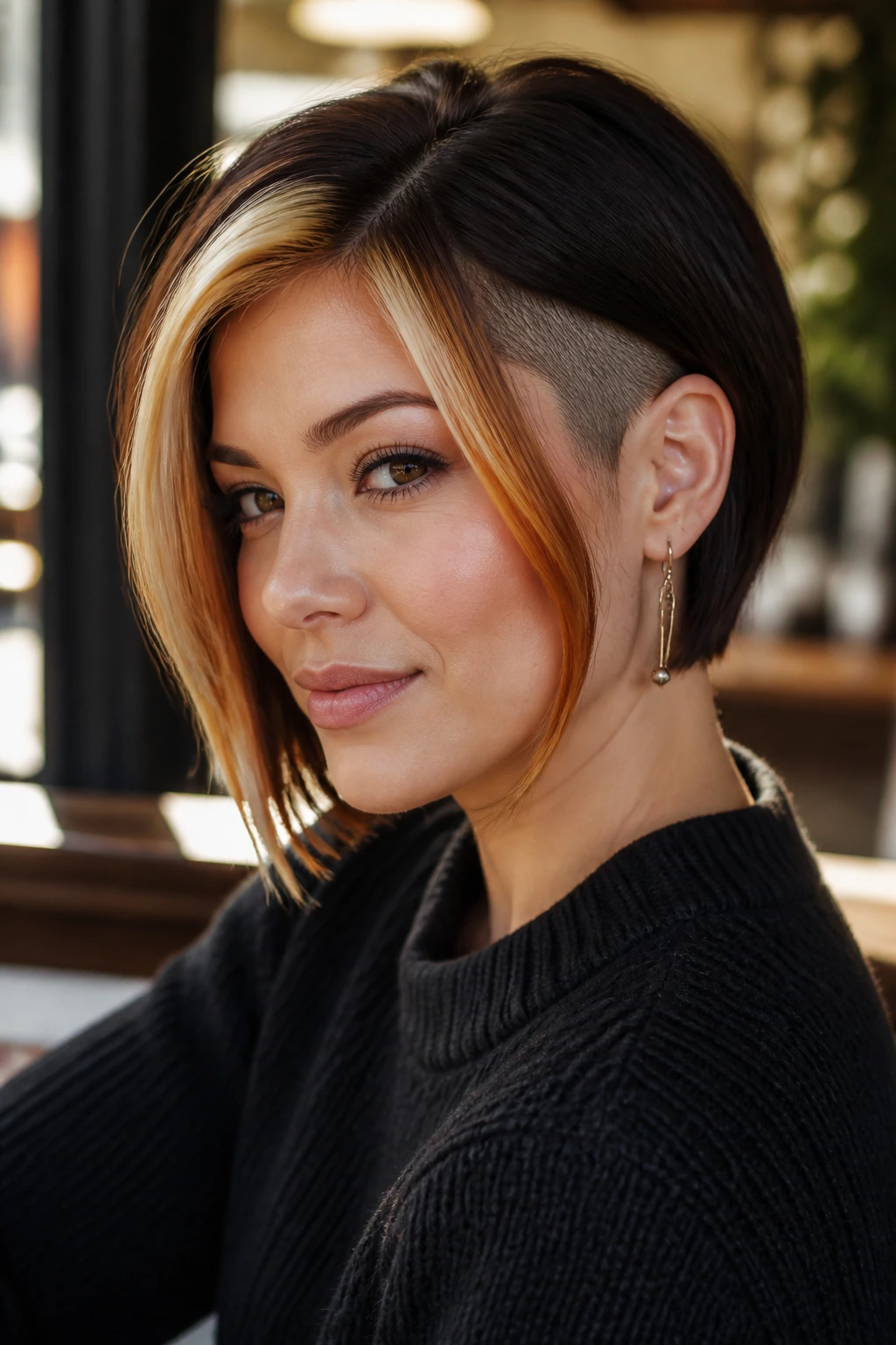 Close-up of a real woman with an undercut bob and bright front streaks framing the face.