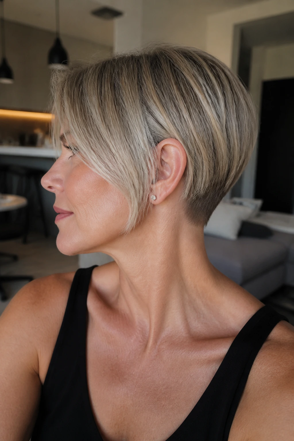 Portrait of a woman with chin-length bob featuring a hidden undercut at the nape