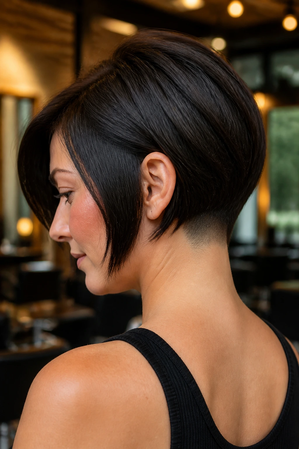 Profile portrait showing an undercut at the nape beneath a dense top layer