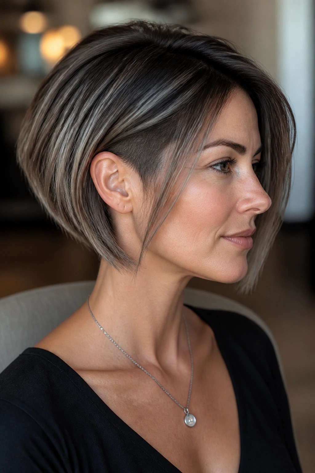 Portrait of real woman with softly undercut bob and frosted babylights
