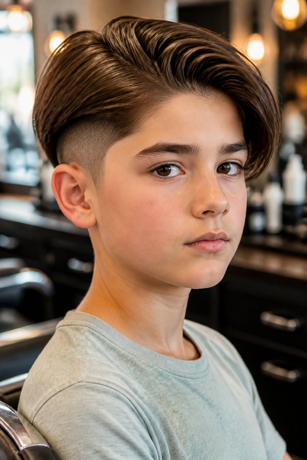 Close-up portrait of boy with undercut bob and full top