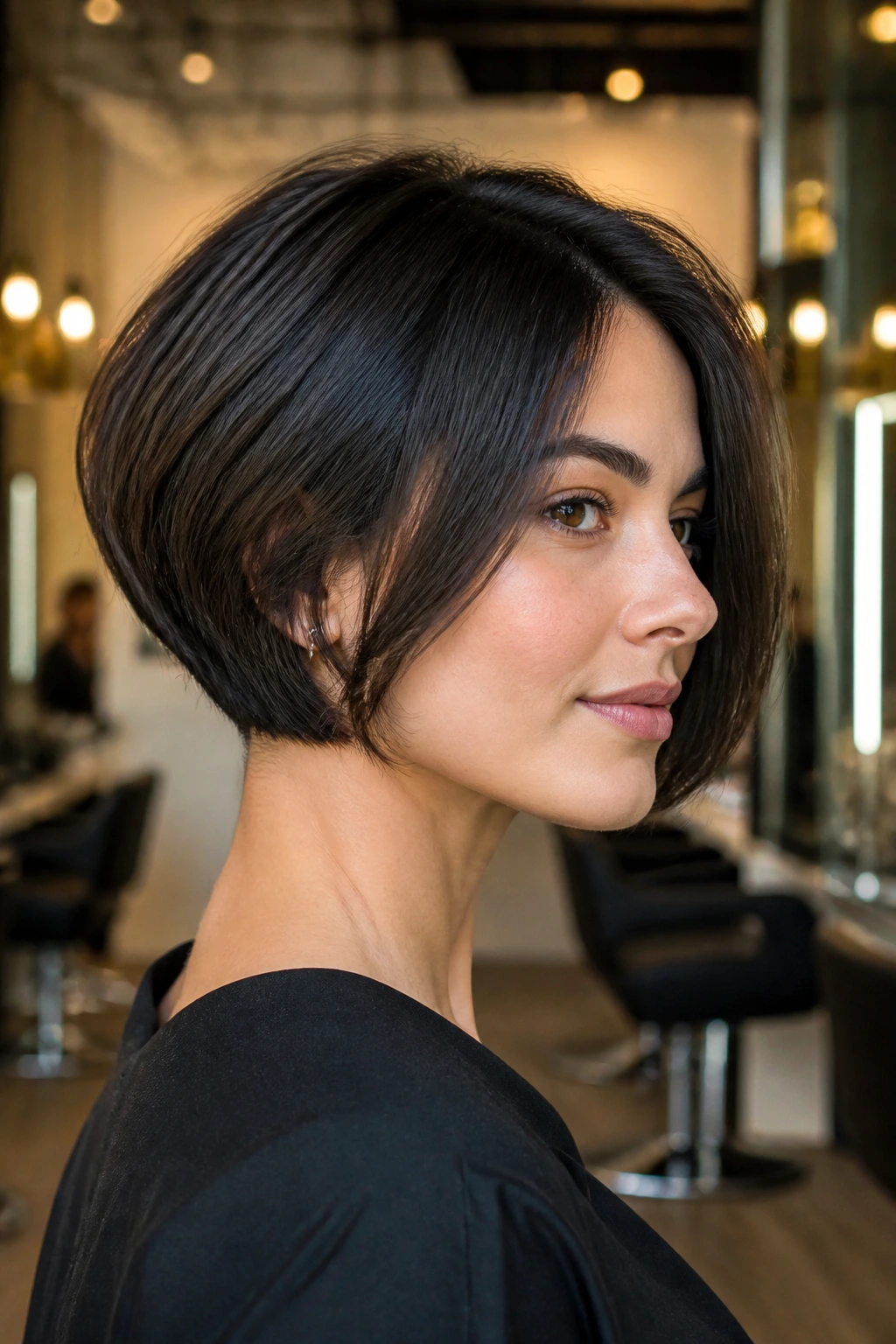 Close-up of a real woman with a bob showing hidden undercut relief at the nape.