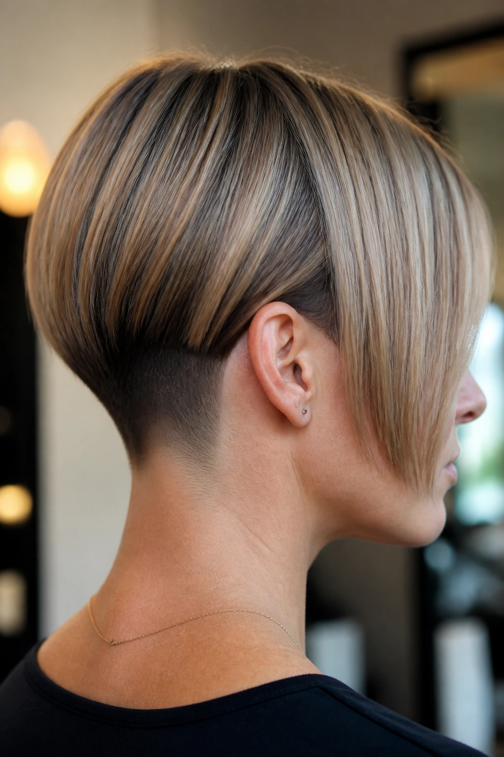 Close-up of a real woman with Sleek Undercut Bob and shadow panels in a salon