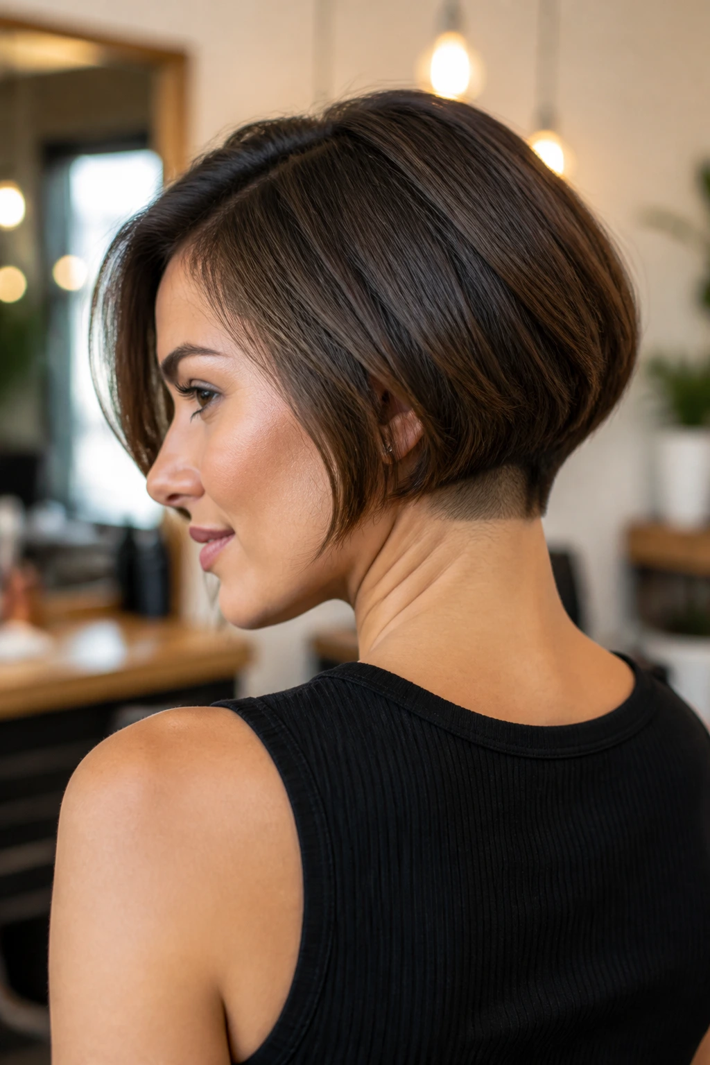 Close-up of a real woman with an undercut bob showing smooth top and hidden undercut at the nape.