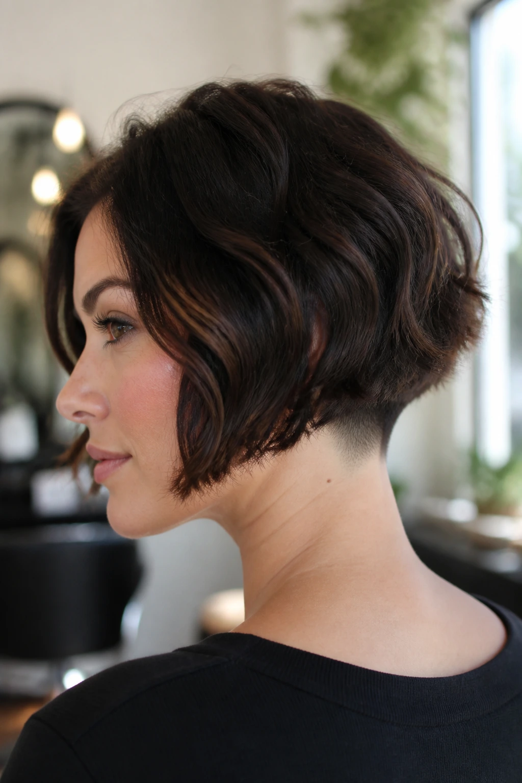 Portrait of a real woman with an undercut bob visible at the nape, top layer smooth.