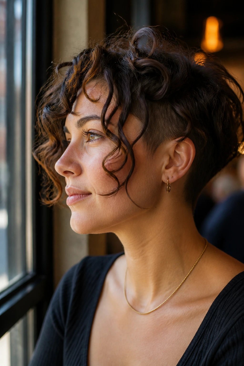 Close-up portrait of a person with an undercut bob and soft front fall