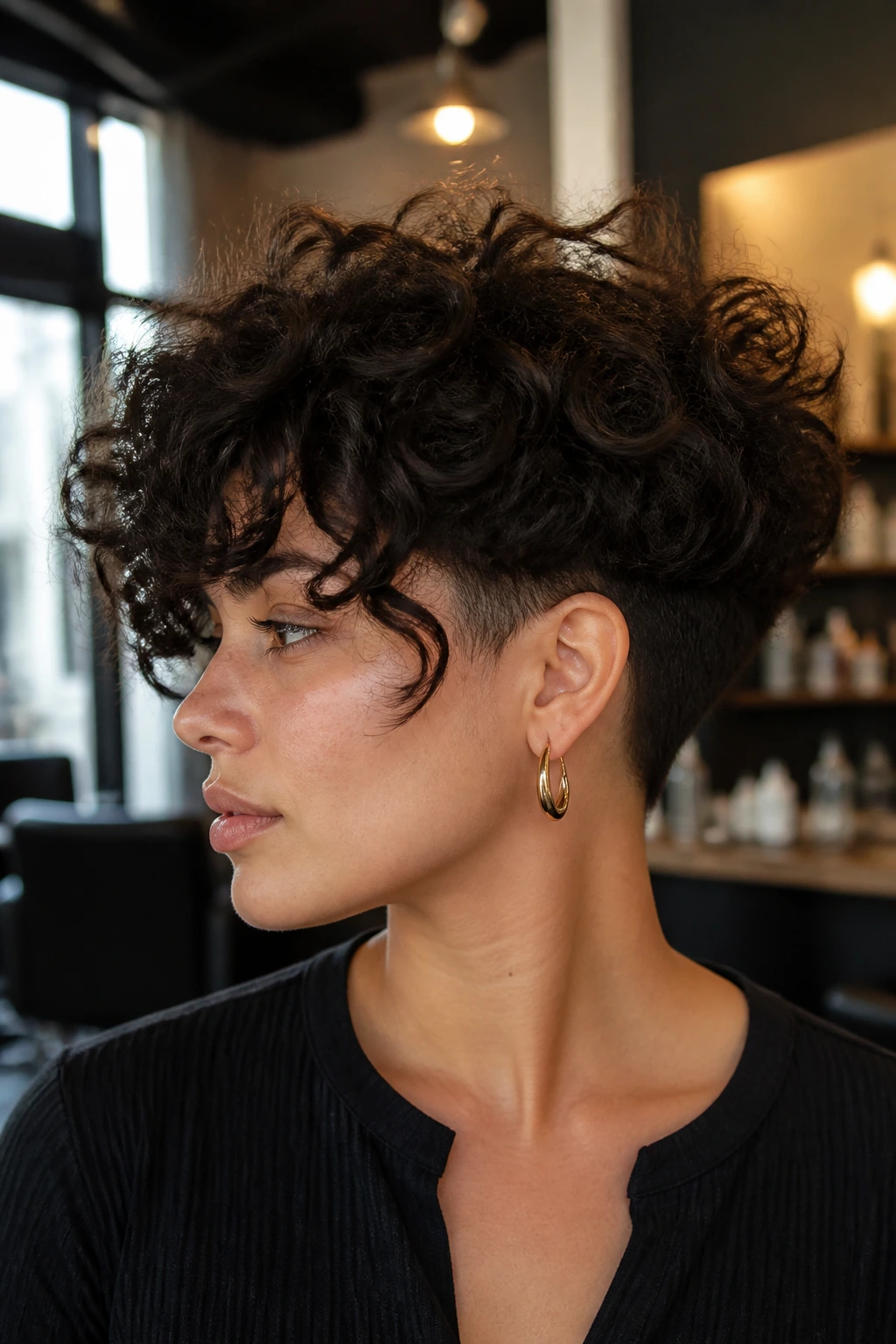 Close-up of a real woman with thick curls and hidden undercut at the nape in a salon