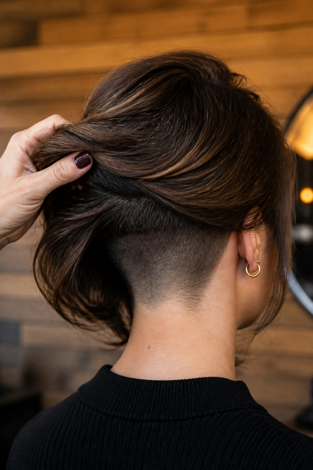 Back view of a real woman showing an undercut in a thick hair bob