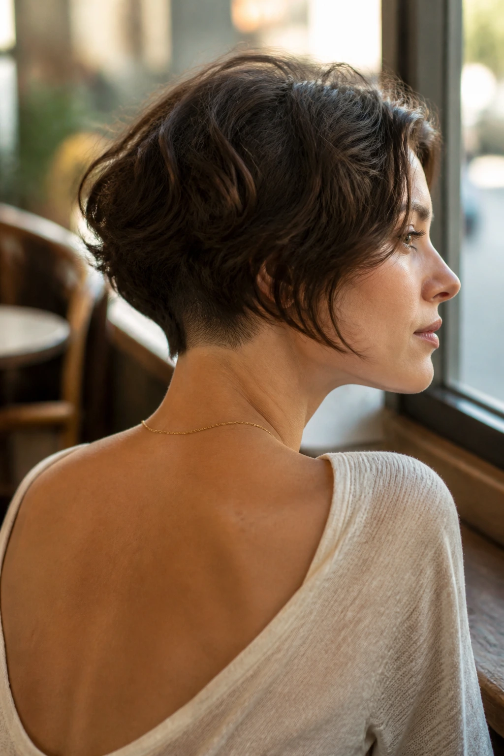 Close-up portrait of a real woman with a subtle undercut at the nape under a wavesy 2B bob, in warm sunlight.