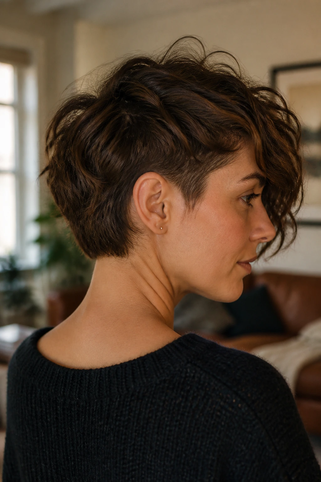 Close-up portrait of a real woman with a wavy undercut bob showing hidden undercut at the nape