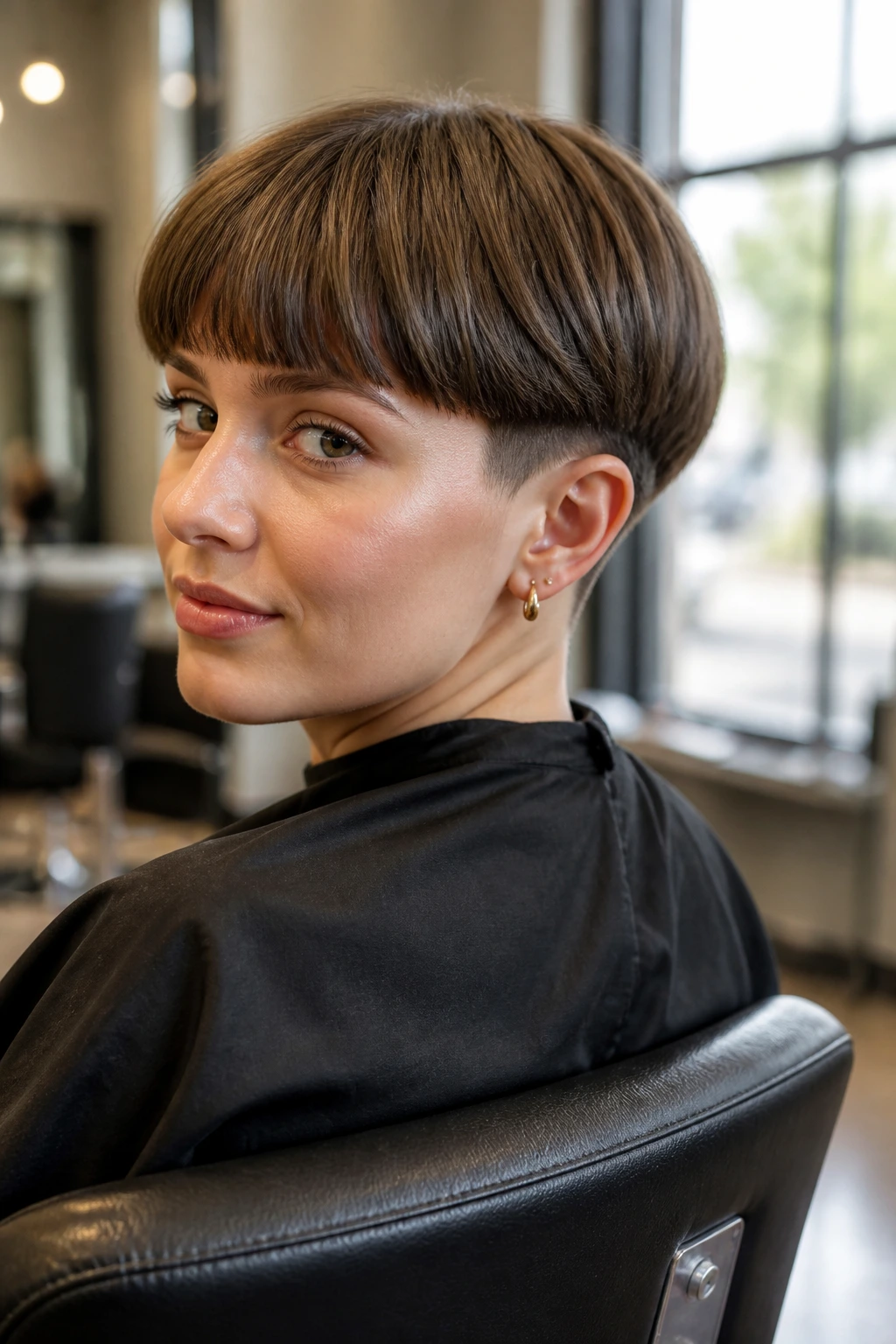 Close-up portrait of a real woman with an undercut bowl haircut in a bright salon setting.