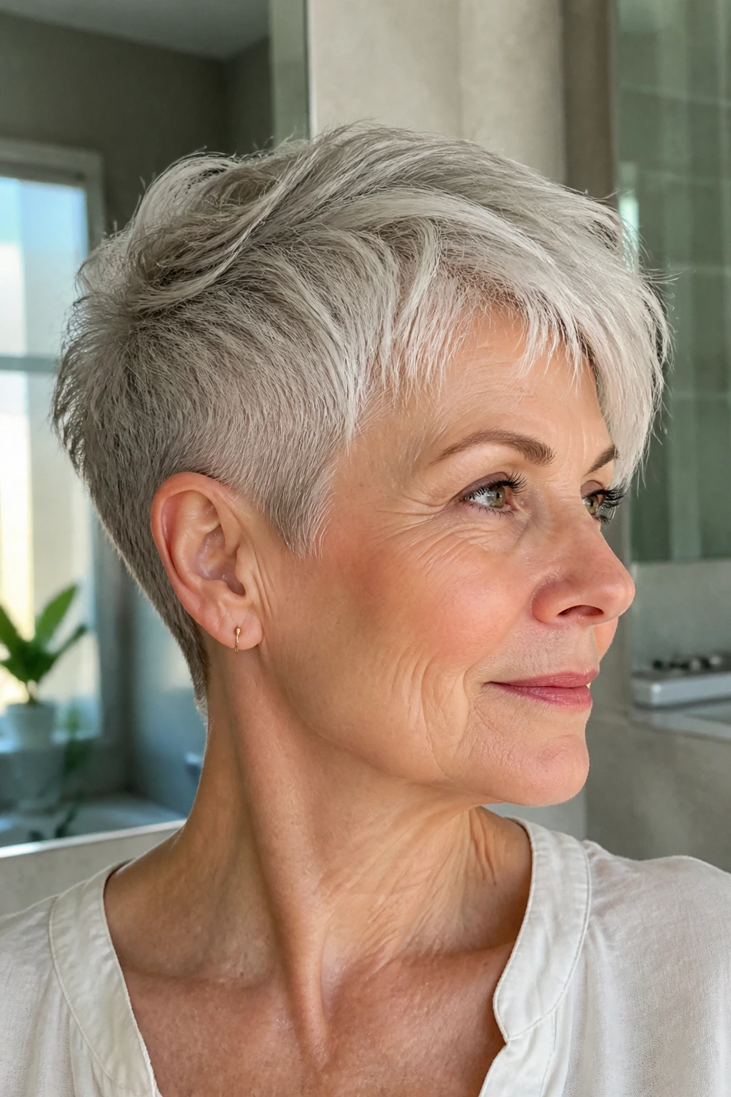 Older woman with an understated undercut crop showing a subtle nape undercut.