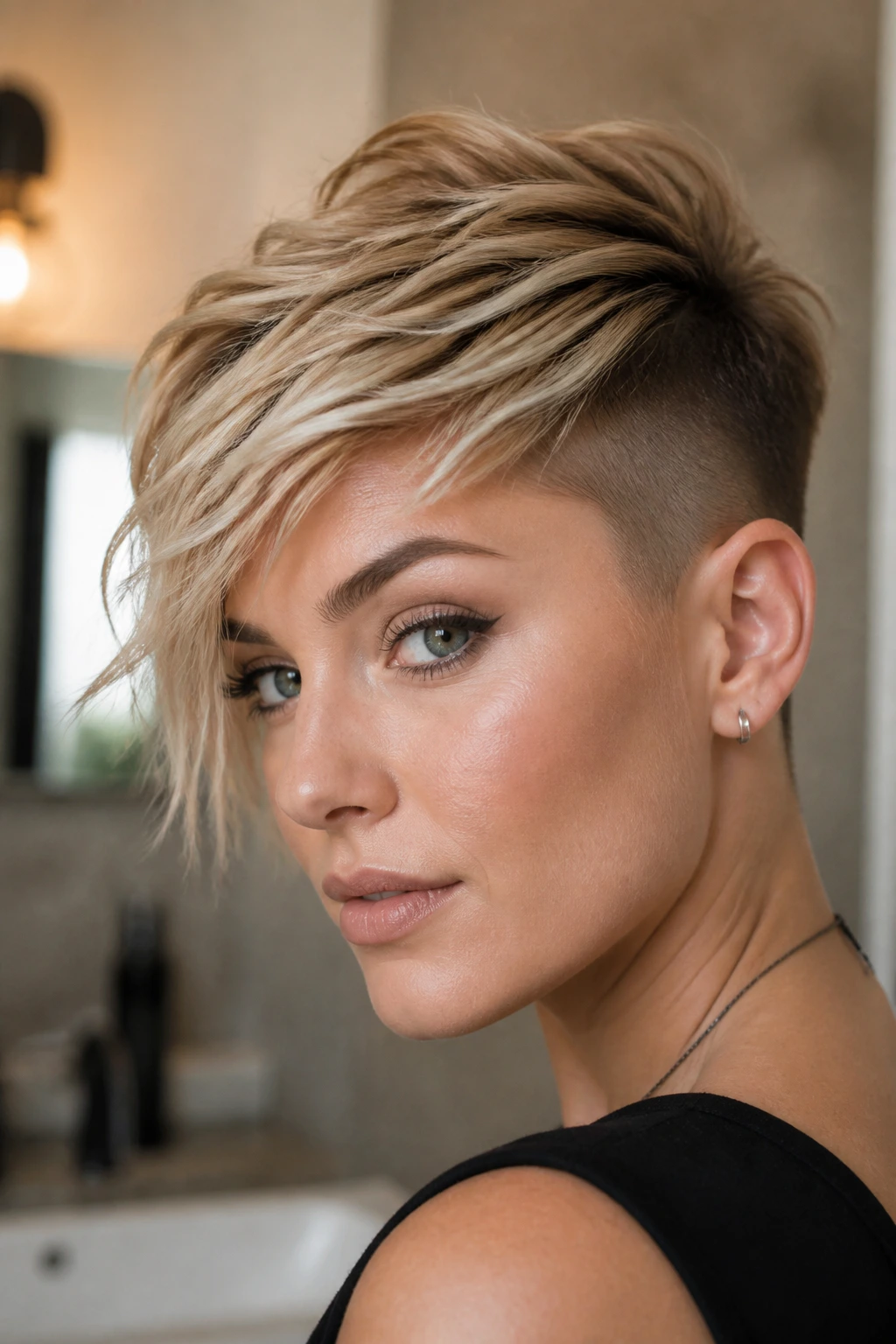 Portrait of a real person with undercut crop and swept fringe