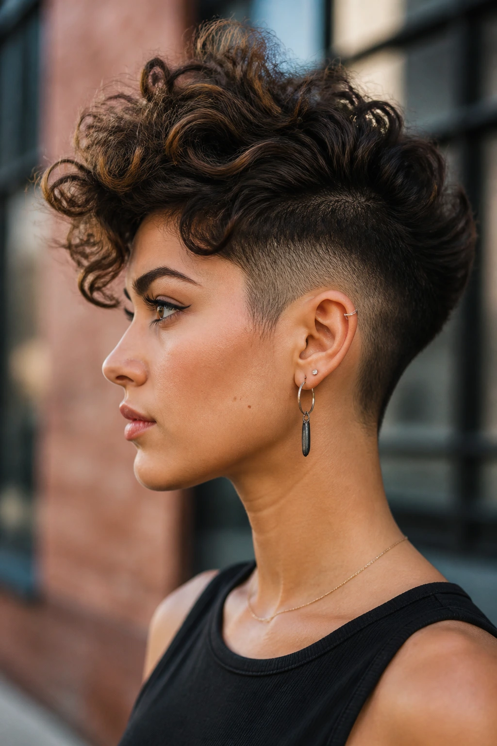 Side profile of a real person with undercut and lifted crown volume