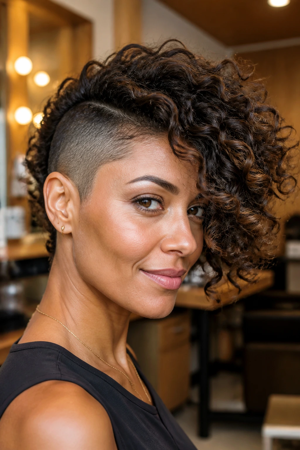 Close-up of a real woman with an undercut and coil sweep in a warm salon setting