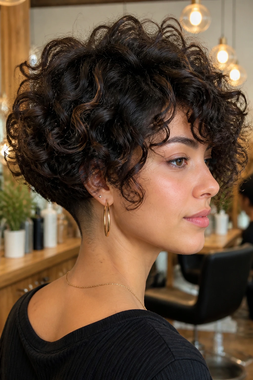 Close-up portrait of a woman with a subtle nape undercut and dense curly bob.