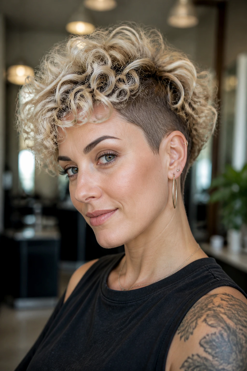 Close-up of an undercut curly bob with platinum top curls on a real person in a salon
