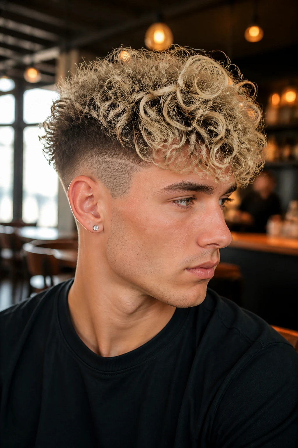 Close-up of real person with curly undercut and blonde top volume