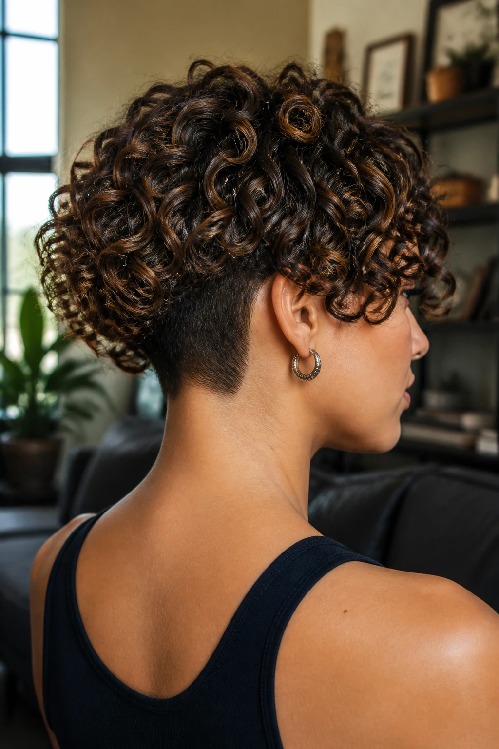 Portrait of a real woman showing a curved undercut at the nape of thick curls with caramel highlights.