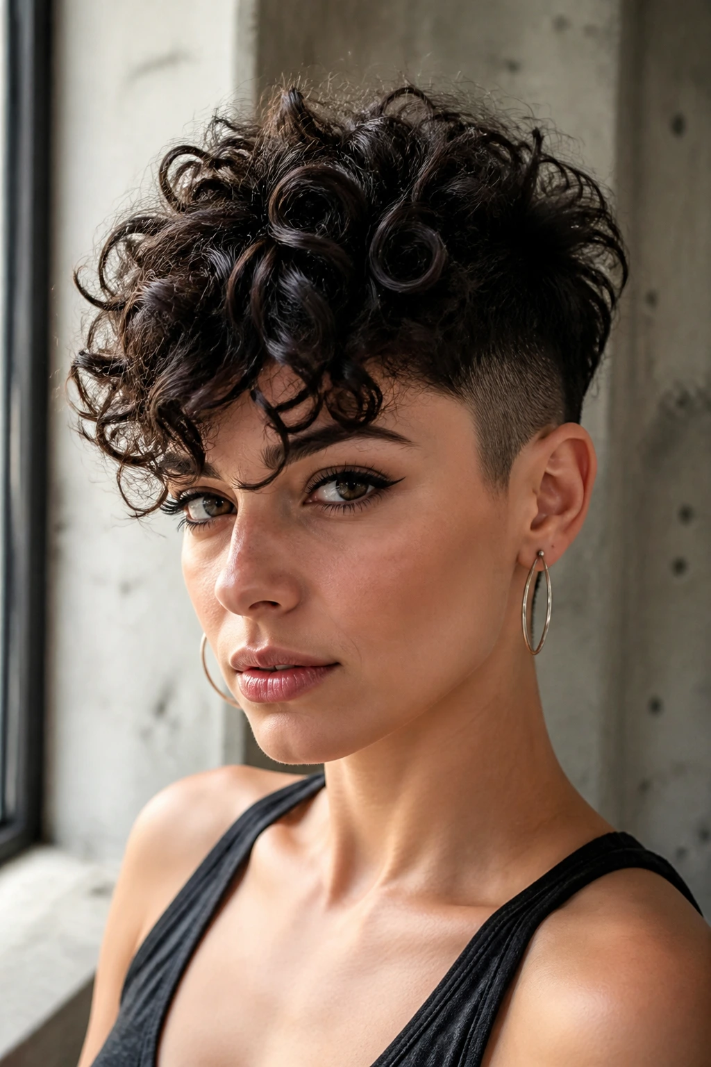 Close-up portrait of a real woman with sides undercut and voluminous curly top.