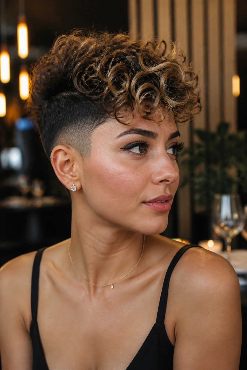 Real person with undercut curly crop and bright top layer