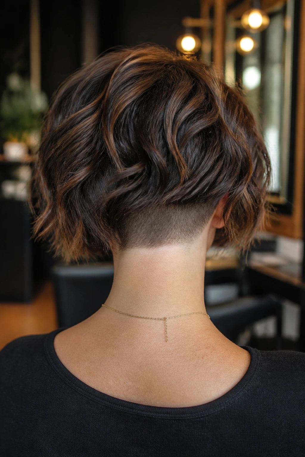 Back-of-head view of a real woman with an undercut density at the nape under a longer top