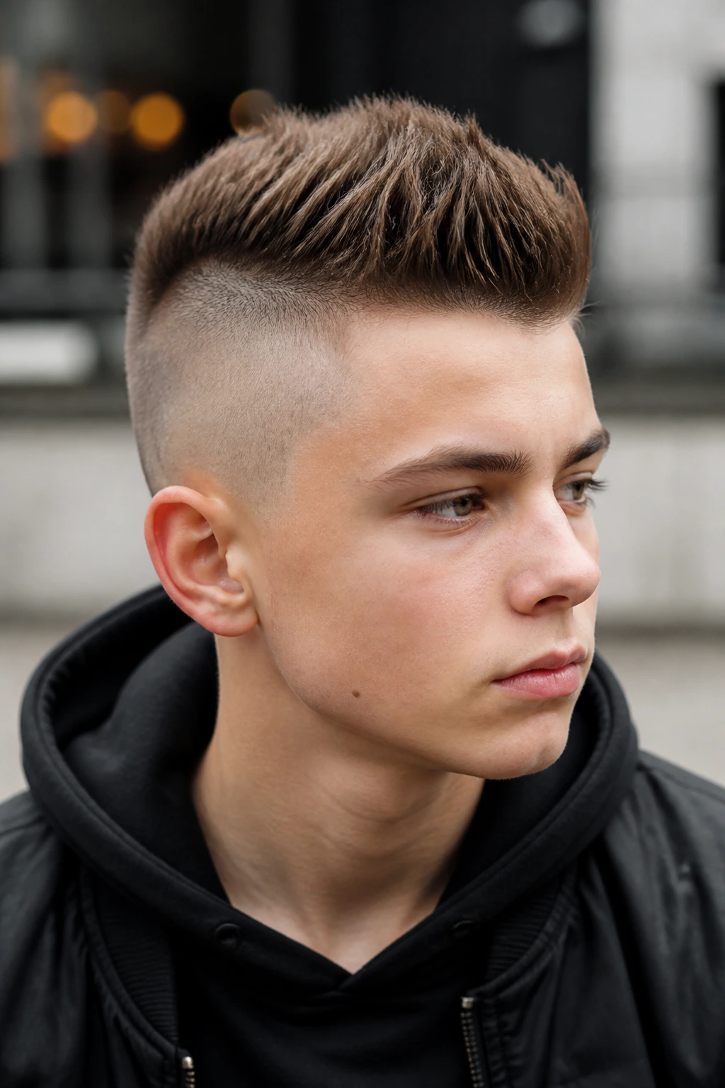 Teen boy with undercut Eurohawk, top stands, clean side contrast