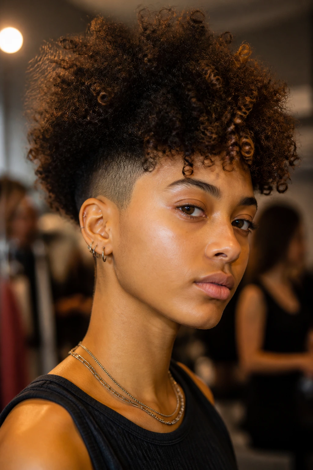 Close-up of a real person with an undercut halo fro and defined halo shape.