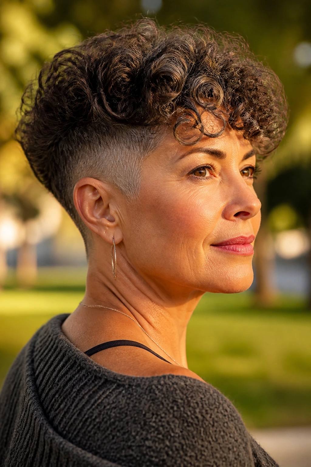 Close-up portrait of a real woman with undercut halo shape in golden hour light
