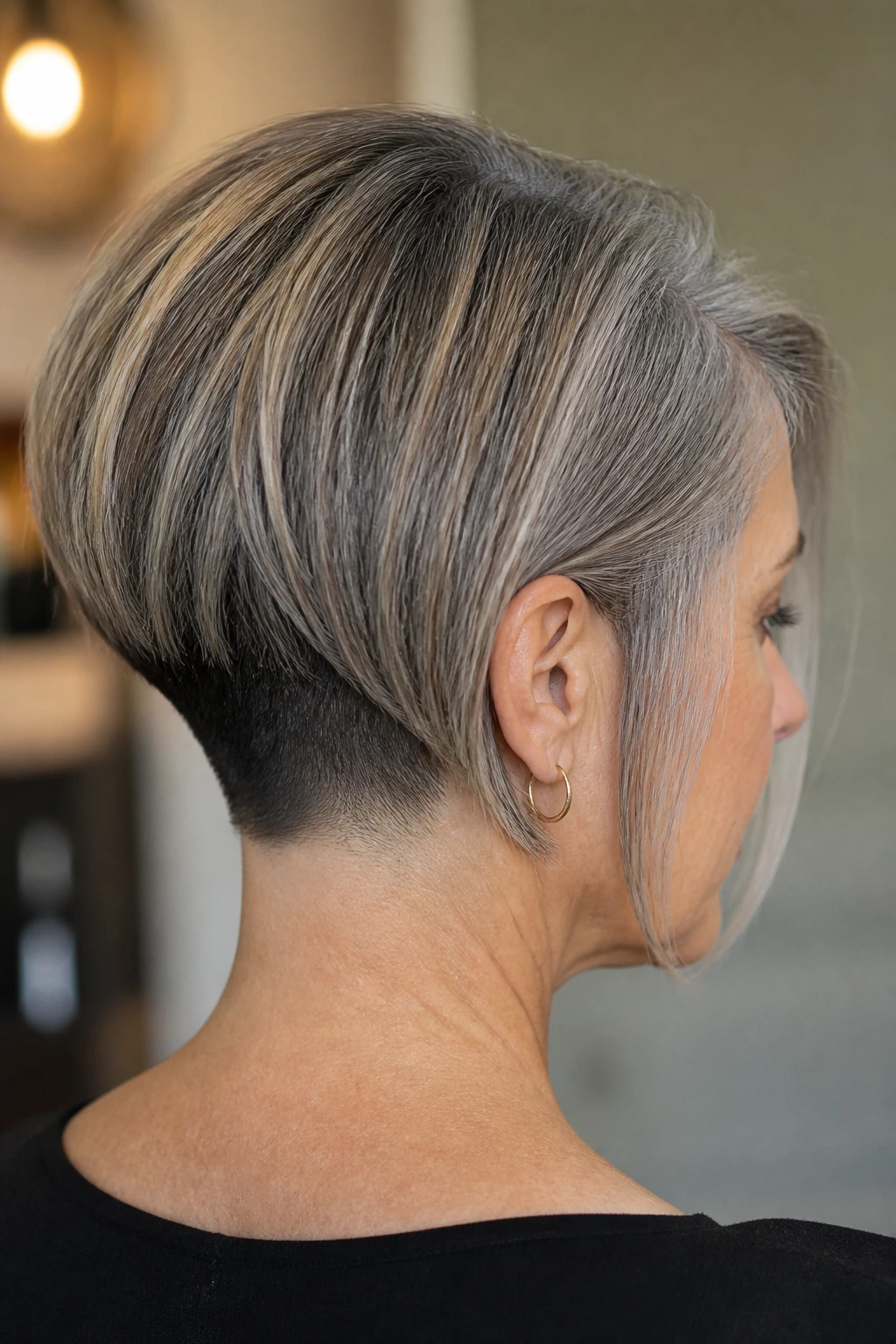 Close-up of real woman with discreet undercut inverted bob