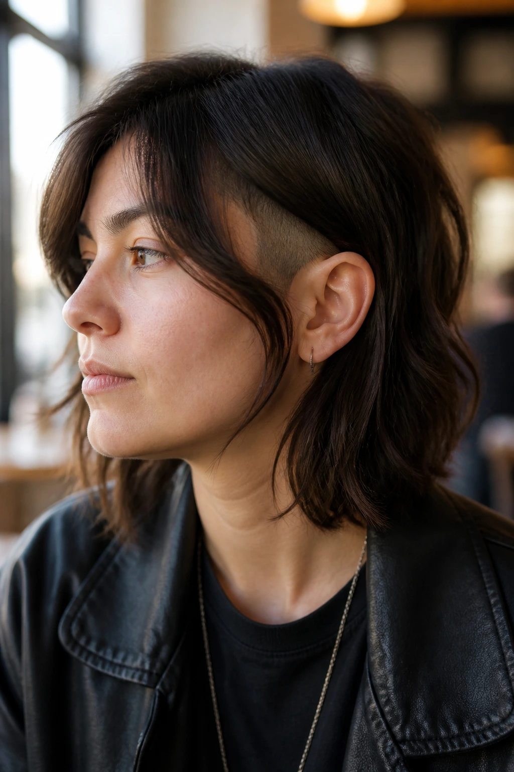 Close-up of a real person with Undercut Lob and curtain bangs