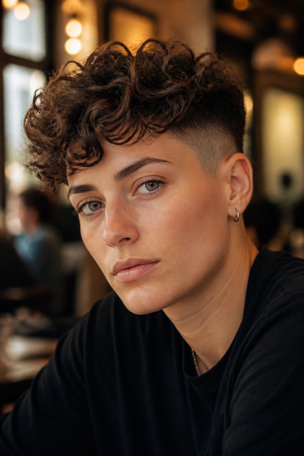 Close-up of a real person with a soft undercut and long top in a cafe setting