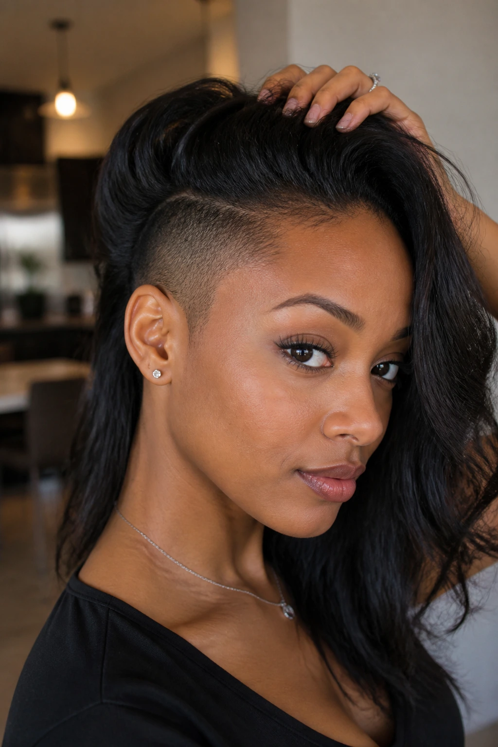 Three-quarter portrait of a real Black woman with an undercut and long top layers