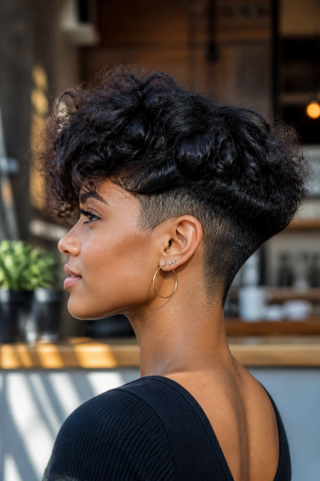 Side-profile portrait of a real woman with undercut and loose curls