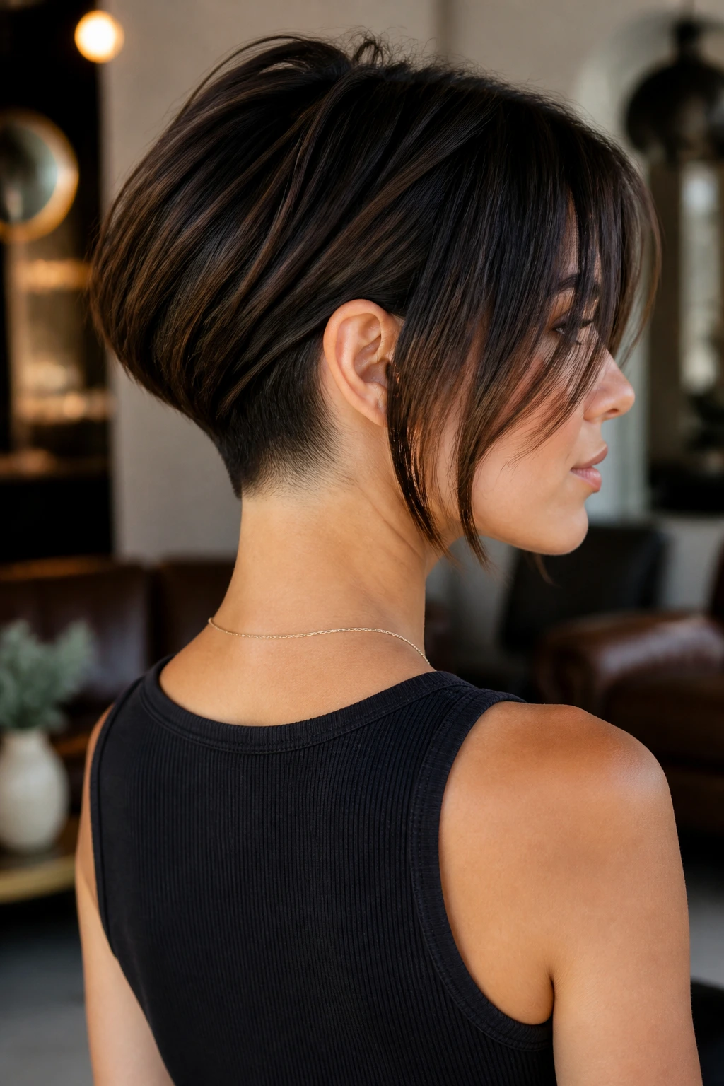 Portrait of a real woman with an undercut nape bob and long curtain pieces