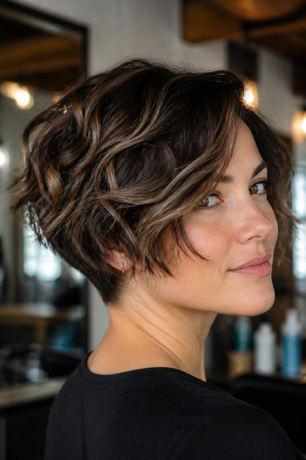 Close-up portrait of a real woman with a hidden undercut at the nape of a textured stacked bob