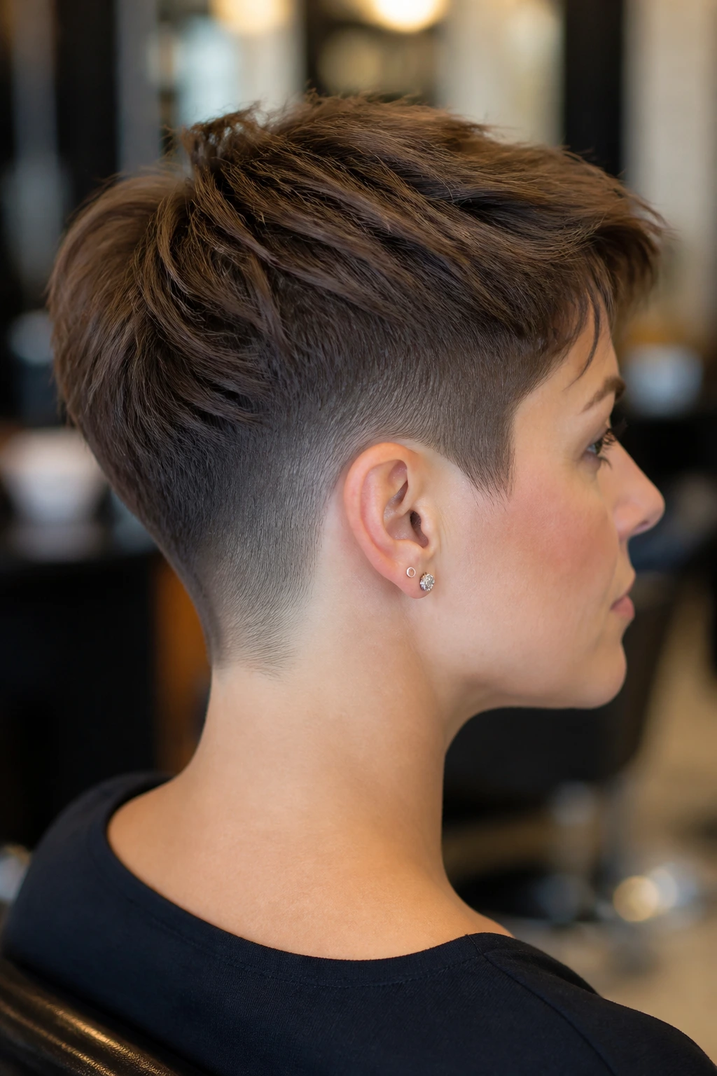 Close-up portrait of a real woman with cropped undercut and clean nape