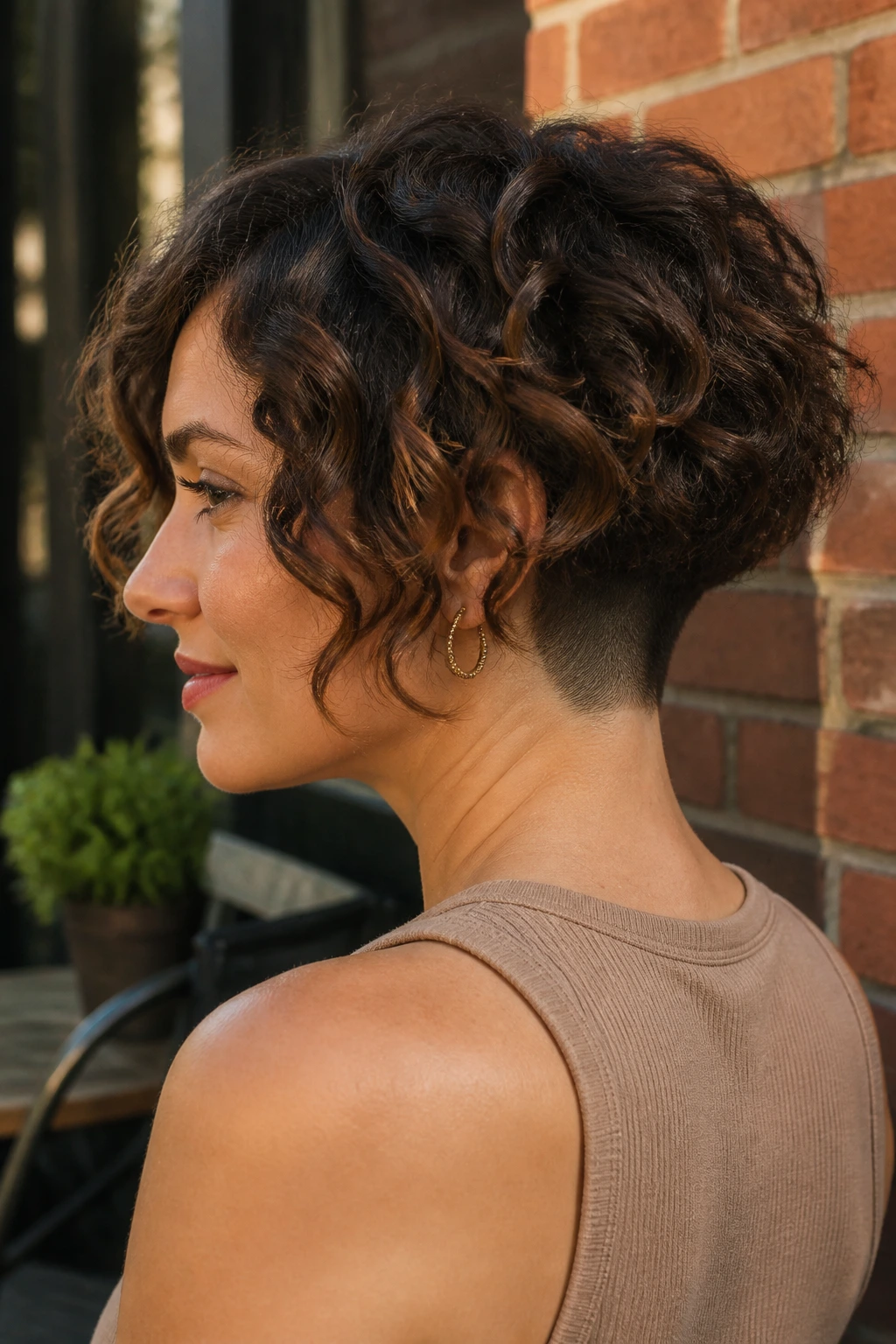 Close-up of a real woman with Curly Lob With an Undercut Nape showing a subtle shaved nape