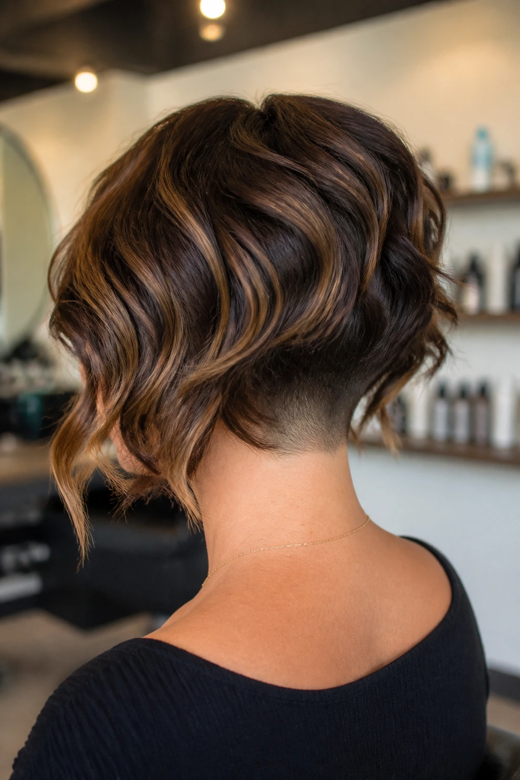 Rear three-quarter view of a real woman with an undercut nape and hidden caramel panels in an inverted bob