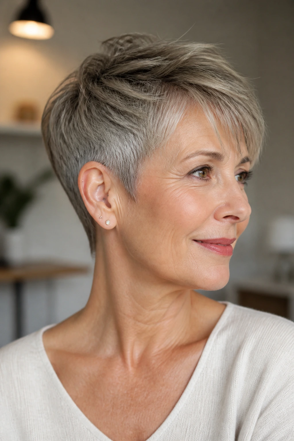 Real woman with soft undercut pixie hairstyle