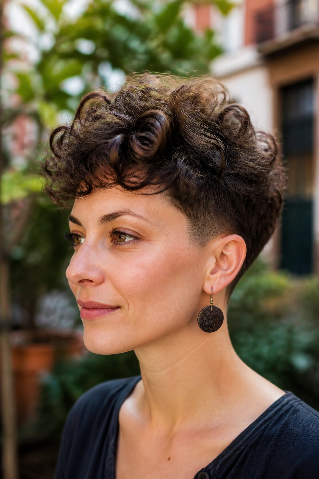 Portrait of real woman with undercut pixie and airy curl cap