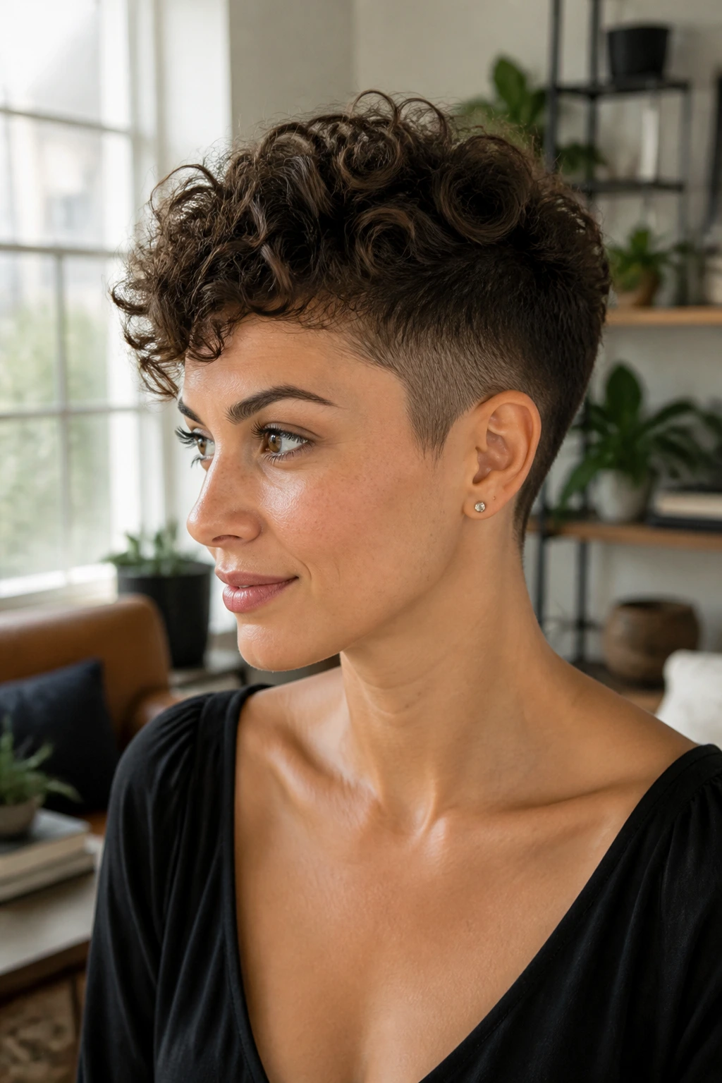 Close-up of a real woman with a blended undercut pixie, showing grow-out friendly transition.